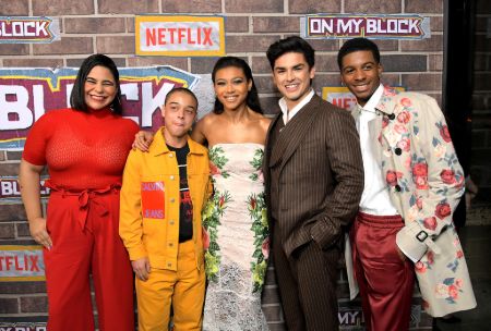 Jessica Marie Garcia with the cast of On My Block